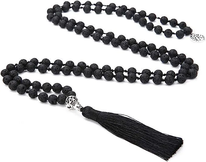 Handmade knotted stone bead necklace with 108 8mm beads in natural colours