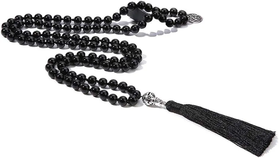 Handmade knotted stone bead necklace with 108 8mm beads in natural colours