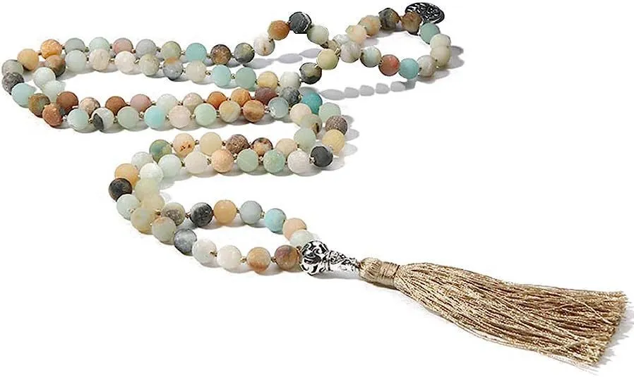 Handmade knotted stone bead necklace with 108 8mm beads in natural colours