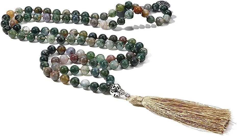 Handmade knotted stone bead necklace with 108 8mm beads in natural colours