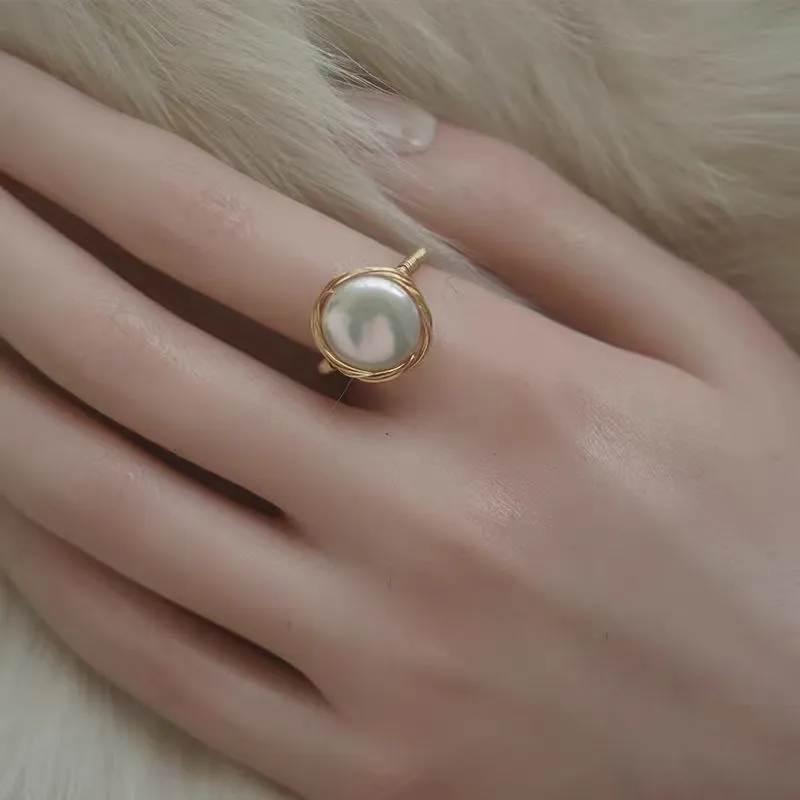 Freshwater pearl ring with copper-plated gold, hand winding, open mouth adjustable fit