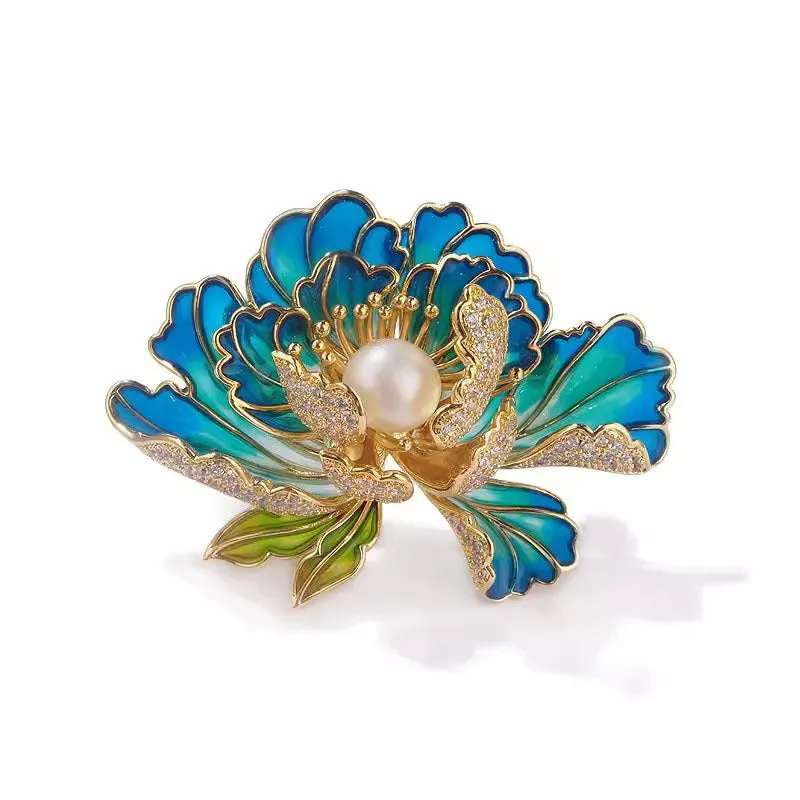 Women's Chinese-style peony brooch in alloy with dripping oil finish, blue court peony colour