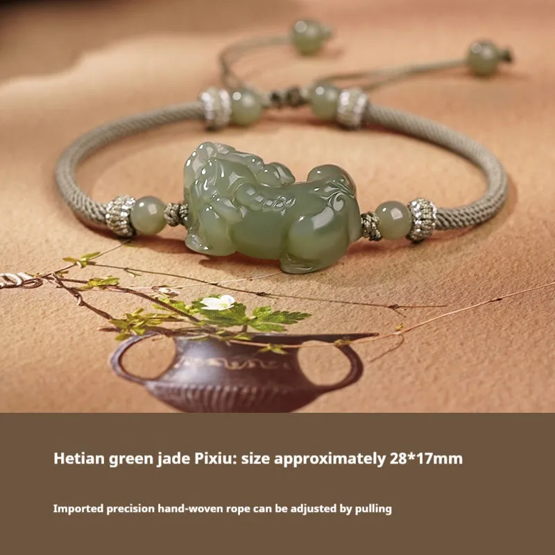 Traditional Chinese Hetian jade bracelet with black and red adjustable ropes and jade beads