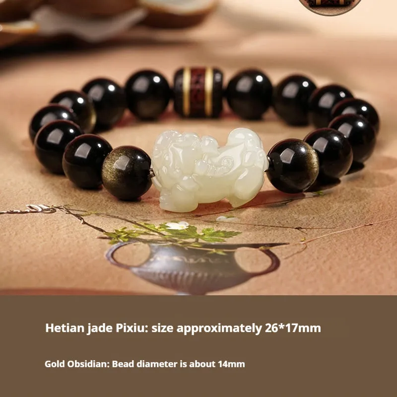 Traditional Chinese Hetian jade bracelet with black and red adjustable ropes and jade beads