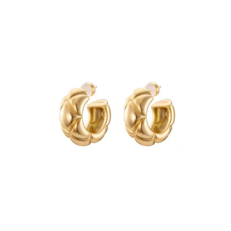 Gold diamond plaid women's stud earrings real gold plated copper geometric 24mm diameter