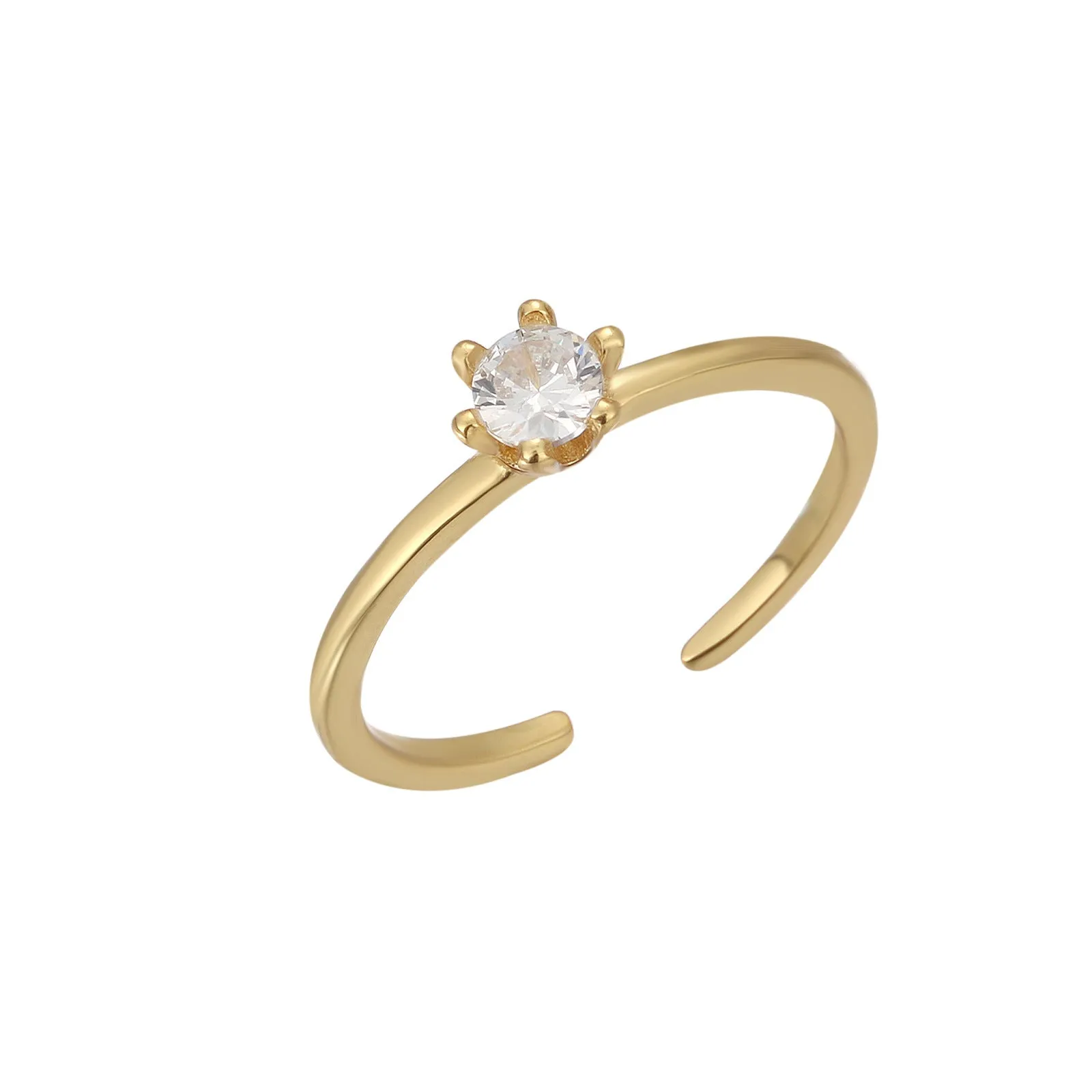 S925 sterling silver adjustable toe ring with gold F048 finish and single zircon inlay on white background