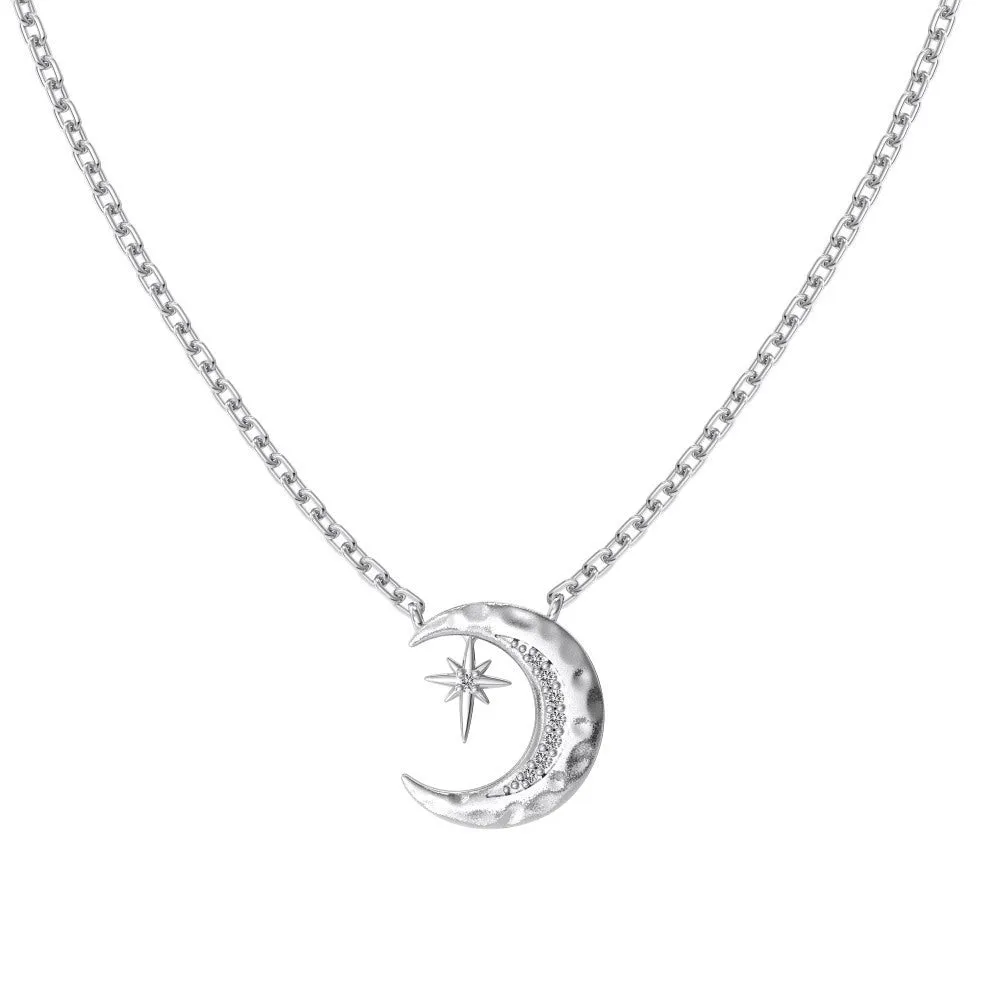 S925 sterling silver necklace with moon pendant on clavicle chain, available in gold, platinum, and silver