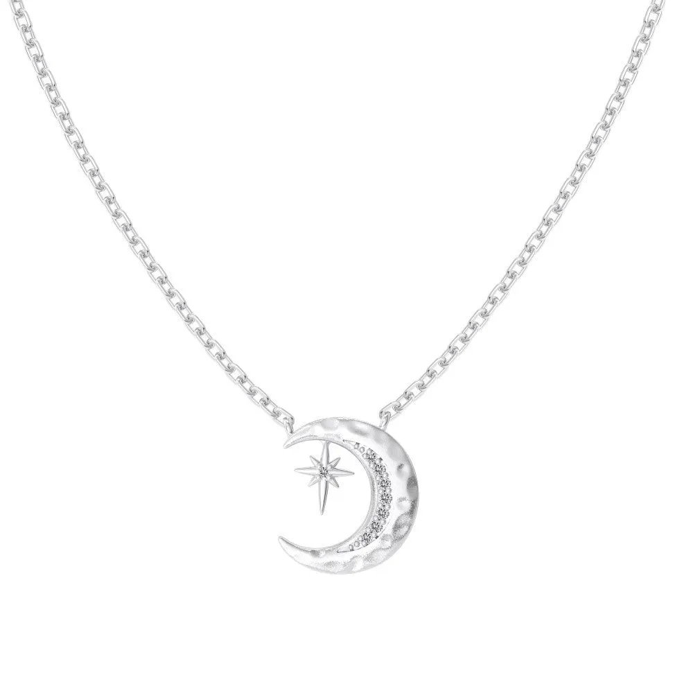 S925 sterling silver necklace with moon pendant on clavicle chain, available in gold, platinum, and silver