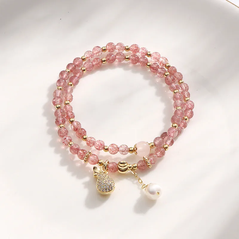 Strawberry quartz geometric crystal bracelet for women with wallet-style design