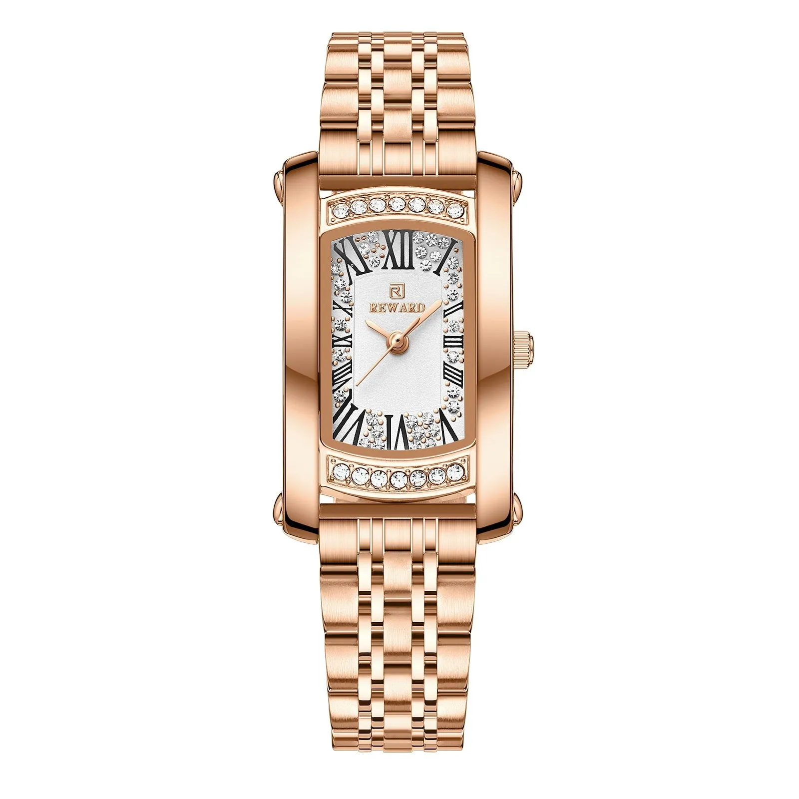 Women's square quartz wrist watch with white dial and gold metallic case