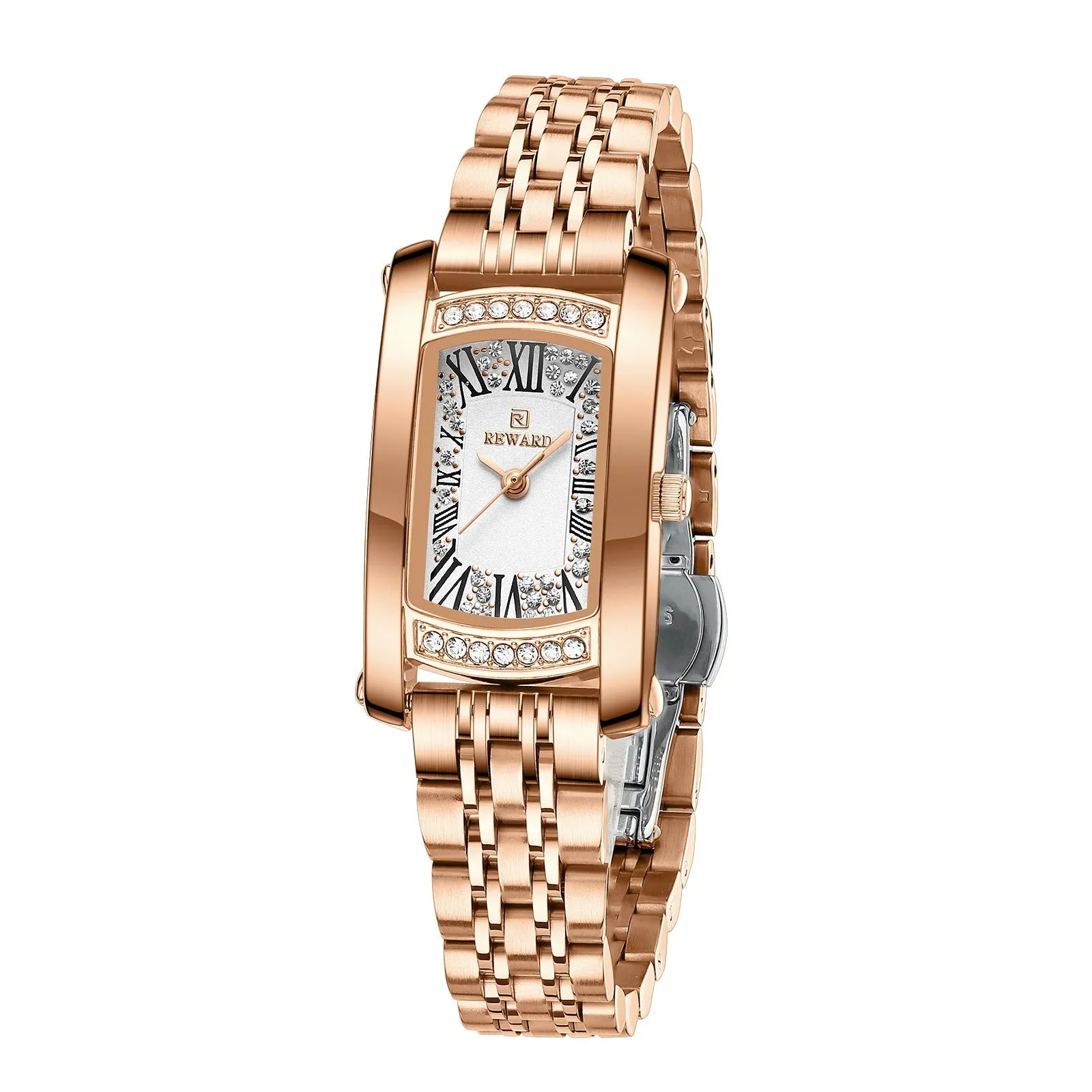 Women's square quartz wrist watch with white dial and gold metallic case