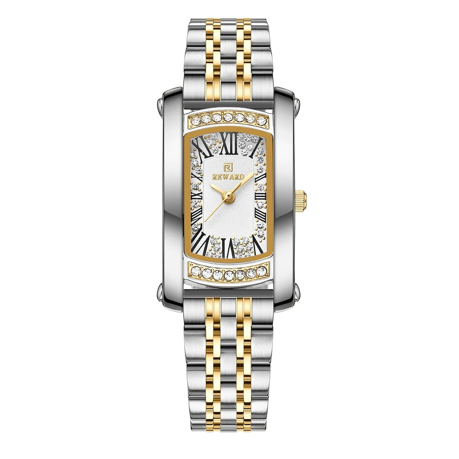 Women's square quartz wrist watch with white dial and gold metallic case