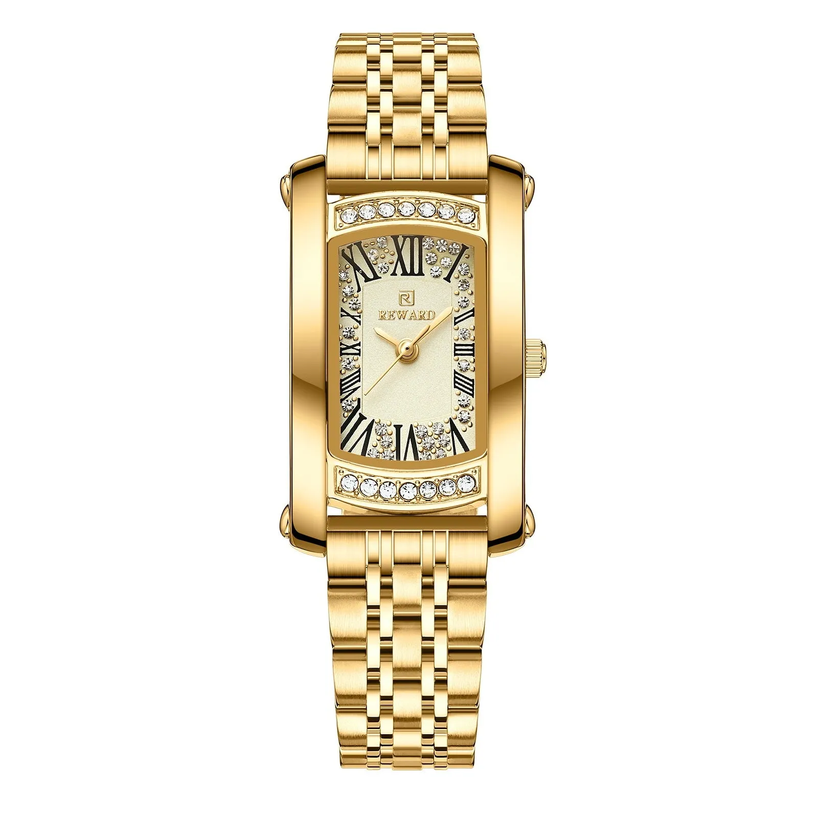 Women's square quartz wrist watch with white dial and gold metallic case