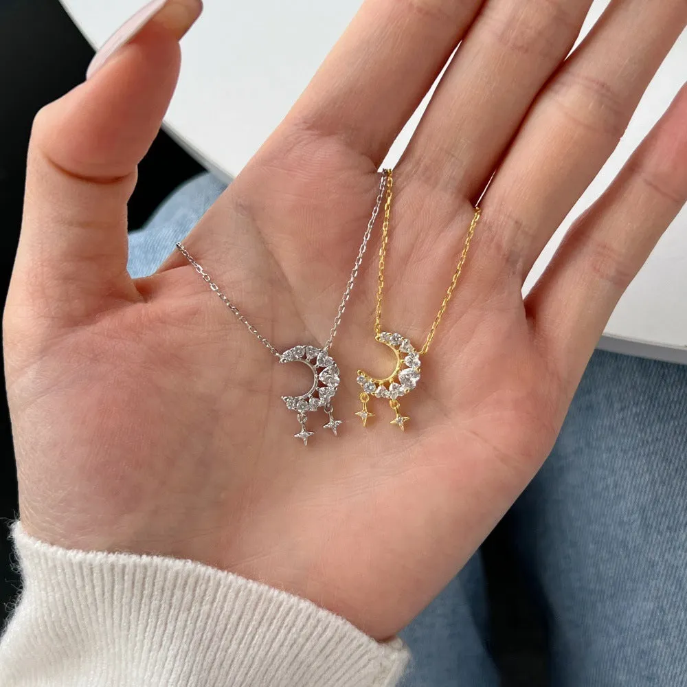 925 silver necklace with moon hollow heart pendant and tassel, gold electroplated finish on clavicle chain