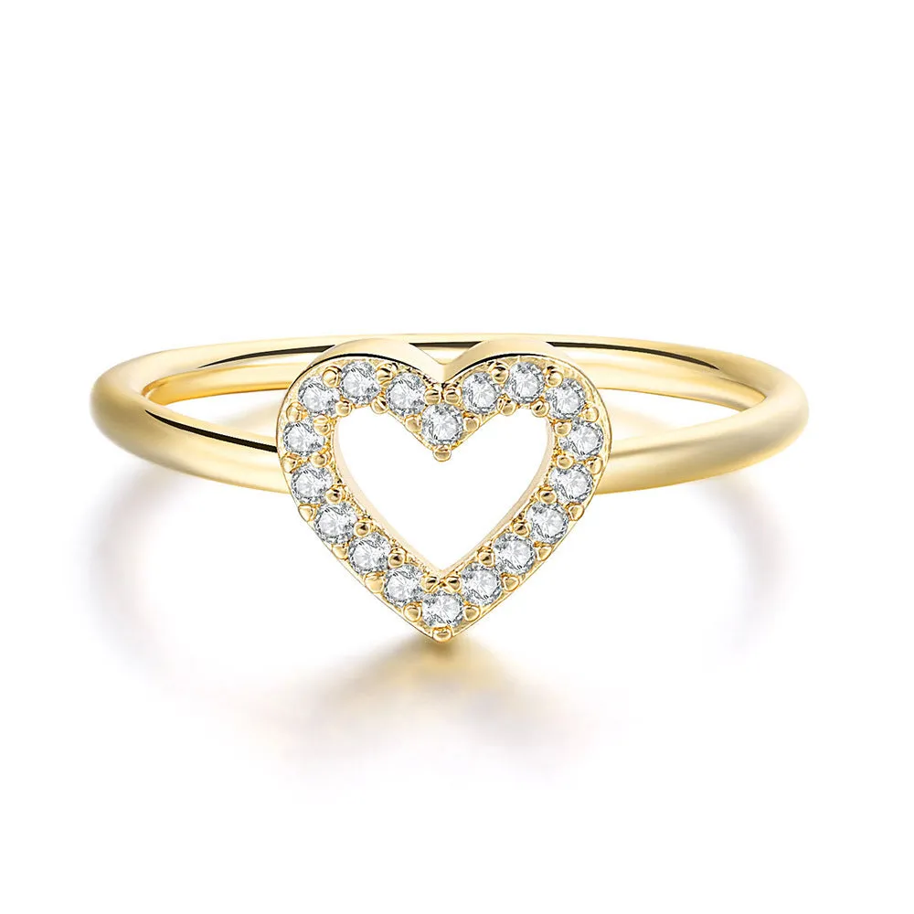 Fashion Fresh Heart ring in gold tone with white stone on copper base, women's size No 7
