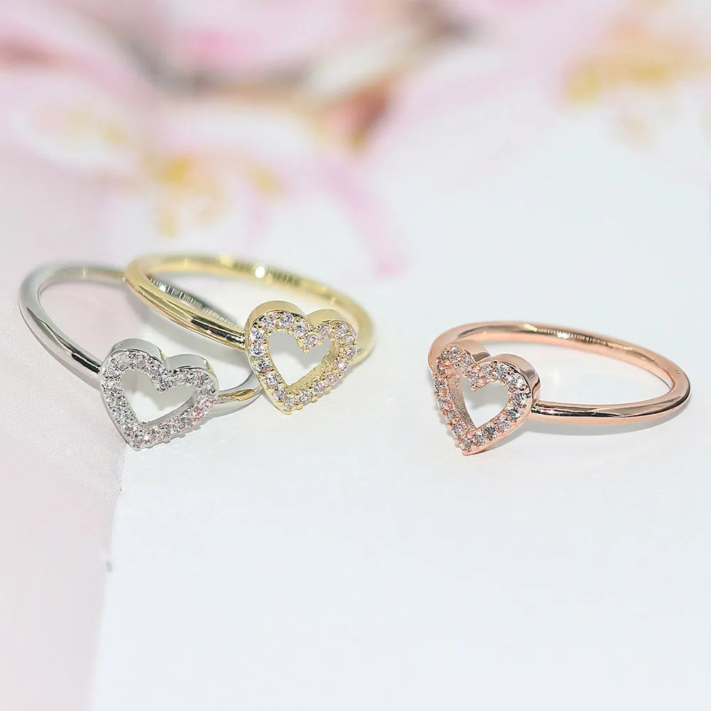 Fashion Fresh Heart ring in gold tone with white stone on copper base, women's size No 7