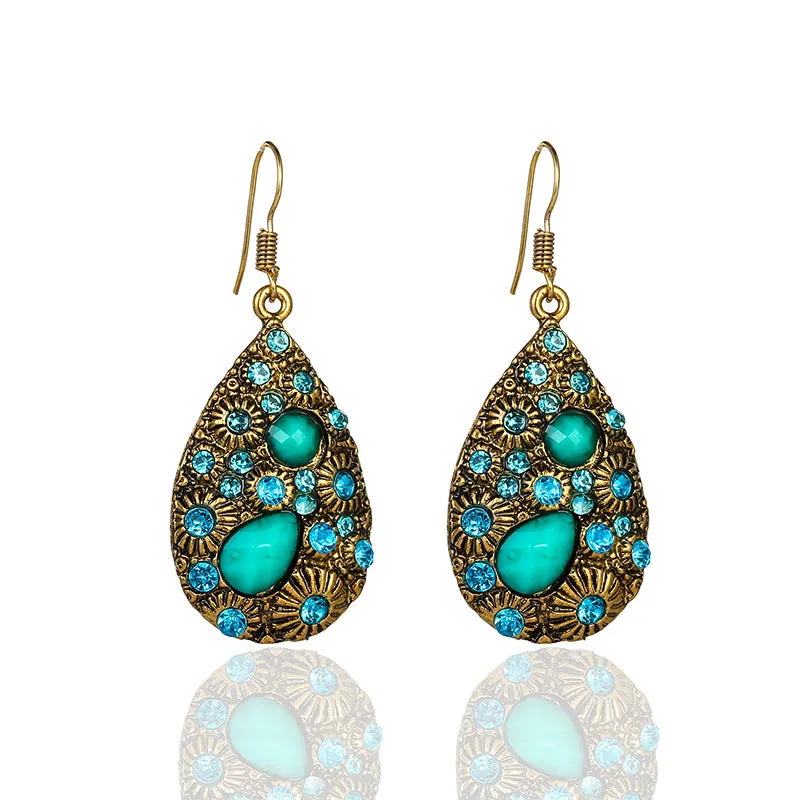 Water drop alloy earrings with diamond accent in retro ethnic style, available in multiple colours including blue and black