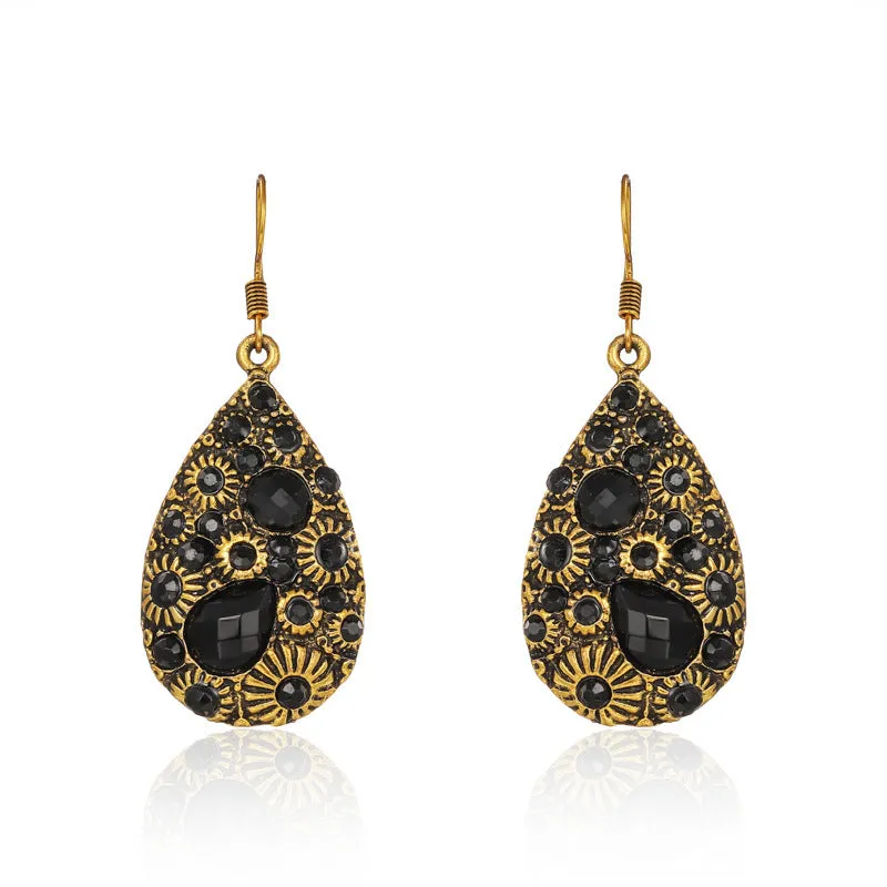 Water drop alloy earrings with diamond accent in retro ethnic style, available in multiple colours including blue and black