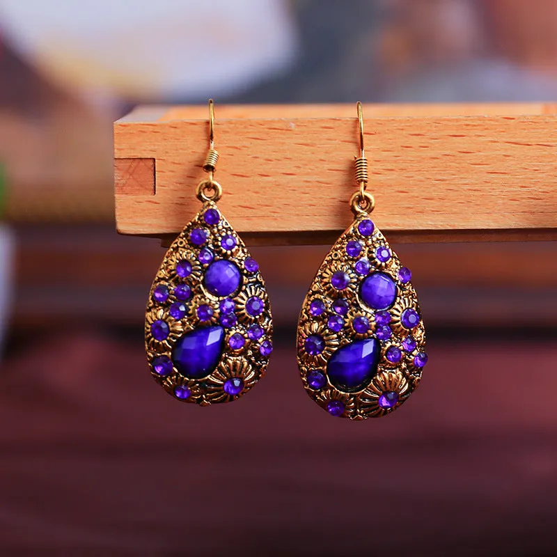 Water drop alloy earrings with diamond accent in retro ethnic style, available in multiple colours including blue and black