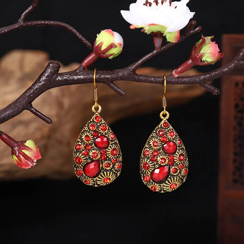 Water drop alloy earrings with diamond accent in retro ethnic style, available in multiple colours including blue and black