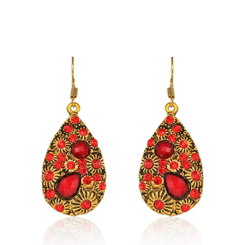 Water drop alloy earrings with diamond accent in retro ethnic style, available in multiple colours including blue and black