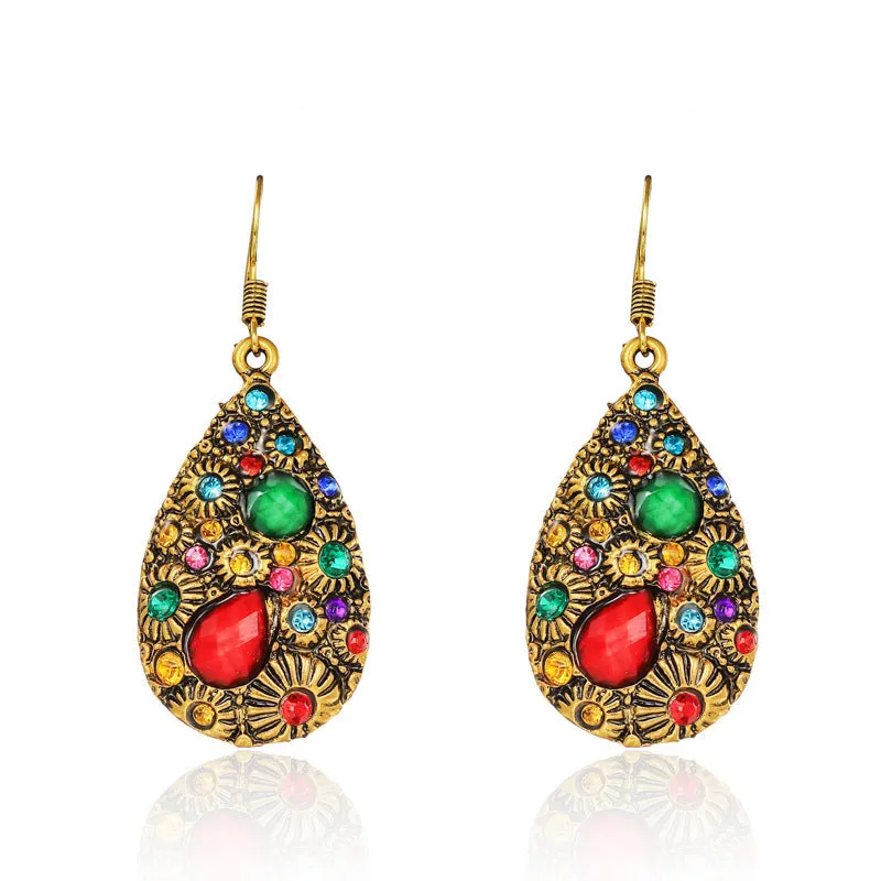Water drop alloy earrings with diamond accent in retro ethnic style, available in multiple colours including blue and black