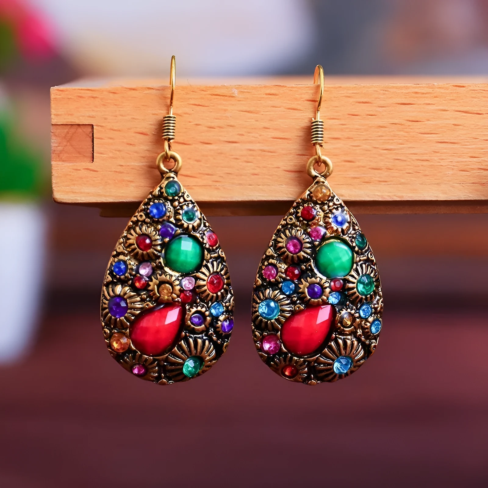Water drop alloy earrings with diamond accent in retro ethnic style, available in multiple colours including blue and black