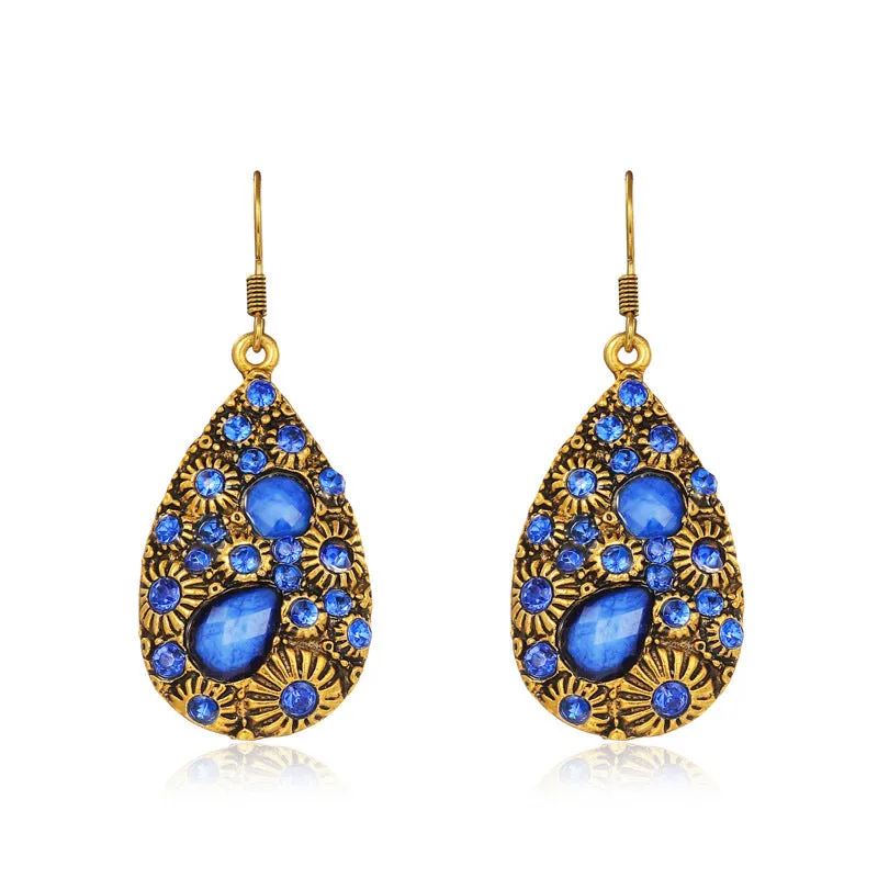 Water drop alloy earrings with diamond accent in retro ethnic style, available in multiple colours including blue and black