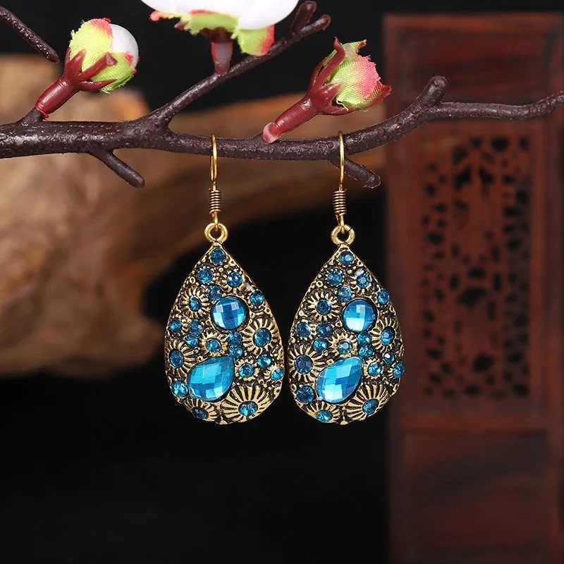 Water drop alloy earrings with diamond accent in retro ethnic style, available in multiple colours including blue and black