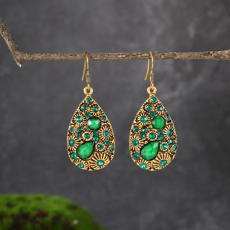 Water drop alloy earrings with diamond accent in retro ethnic style, available in multiple colours including blue and black
