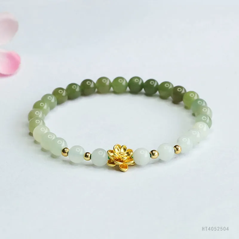 Hand-woven ancient style bracelet with Hetian jade gradient colours and lotus flower pattern
