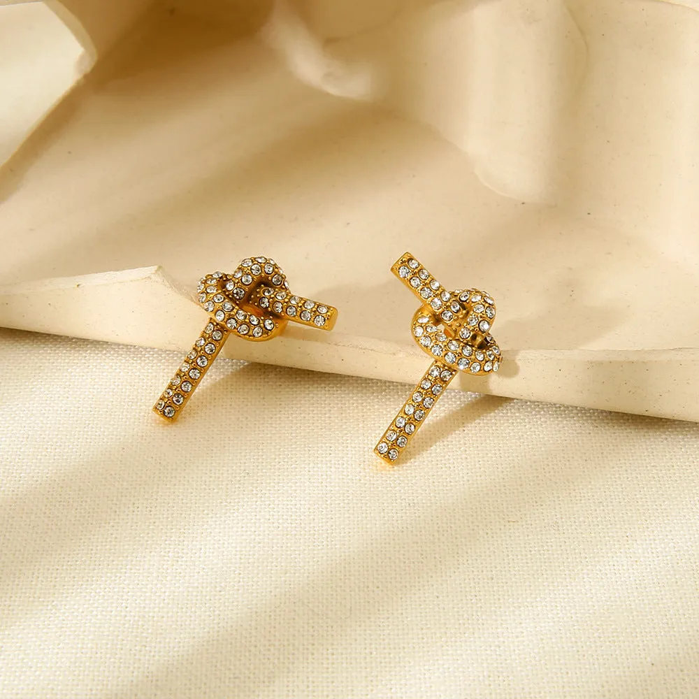 Refined stainless steel rhinestone ear studs in geometric heart shape, colour DFE453, for women