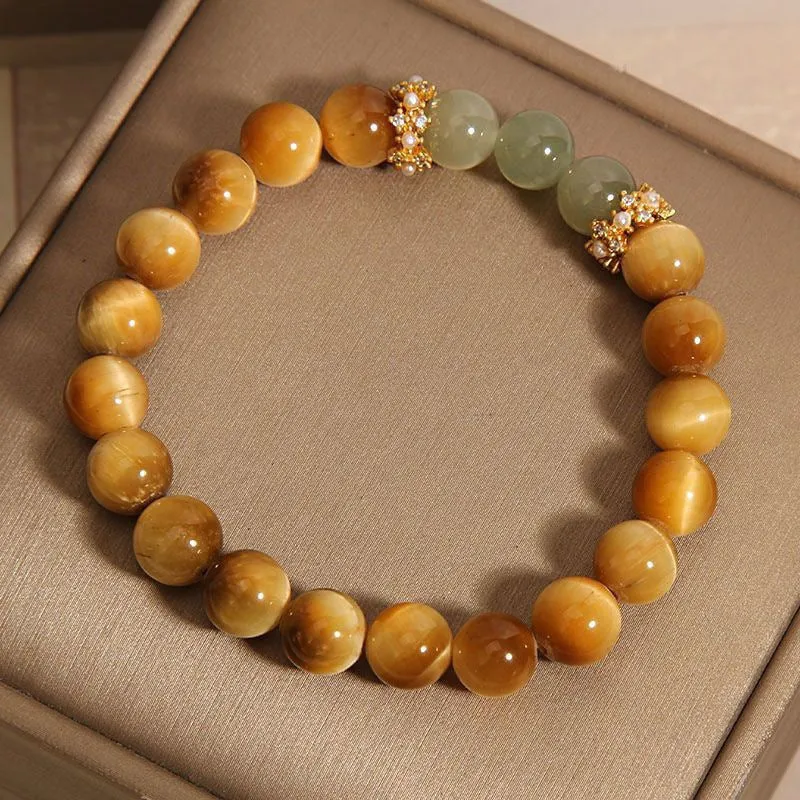 Natural yellow Tiger's Eye Hetian jade bracelet with gold gourd design and U-shaped form