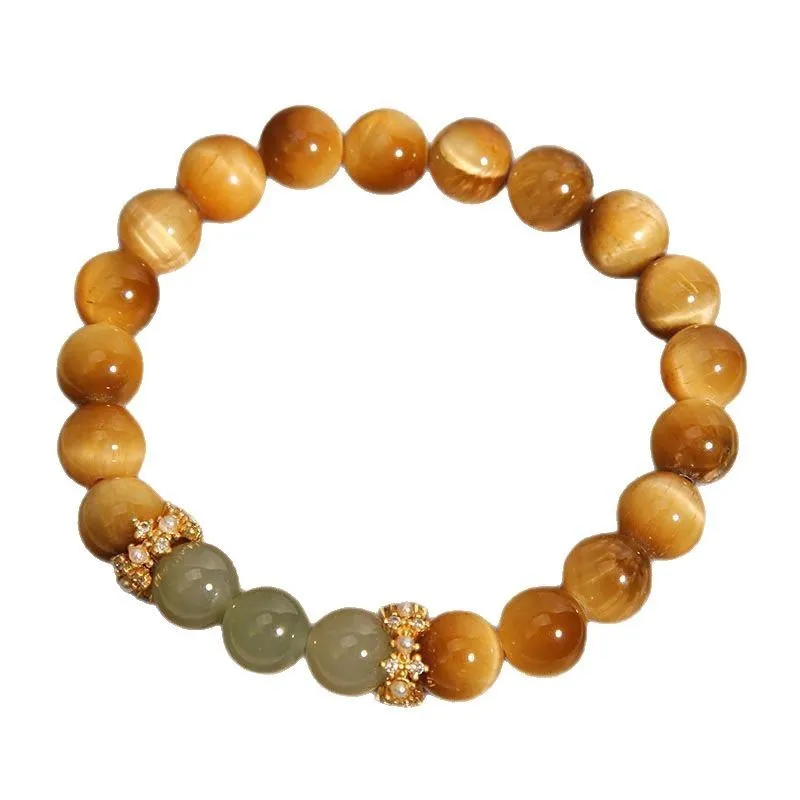 Natural yellow Tiger's Eye Hetian jade bracelet with gold gourd design and U-shaped form