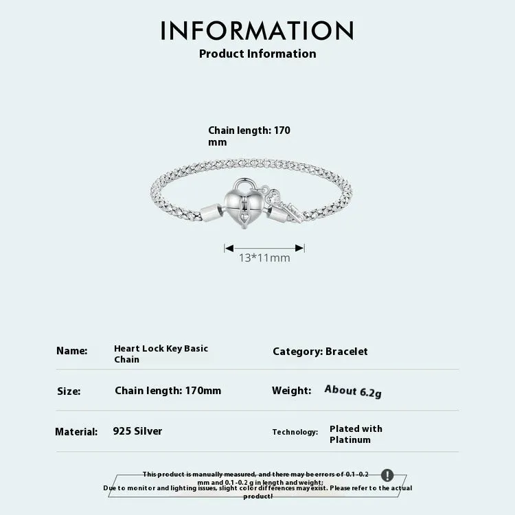 925 silver heart lock key base bracelet in affordable luxury style with electroplating finish, 17cm or 19cm