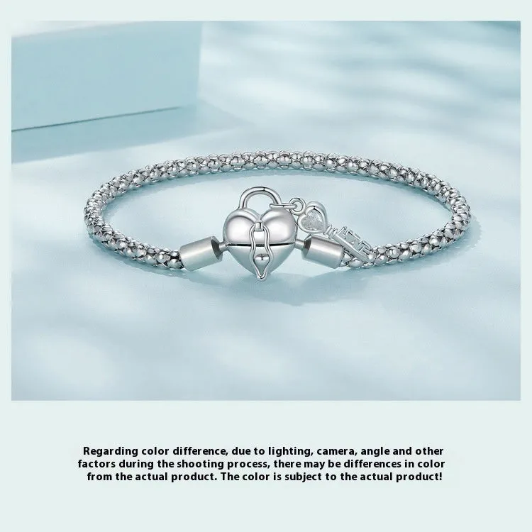 925 silver heart lock key base bracelet in affordable luxury style with electroplating finish, 17cm or 19cm
