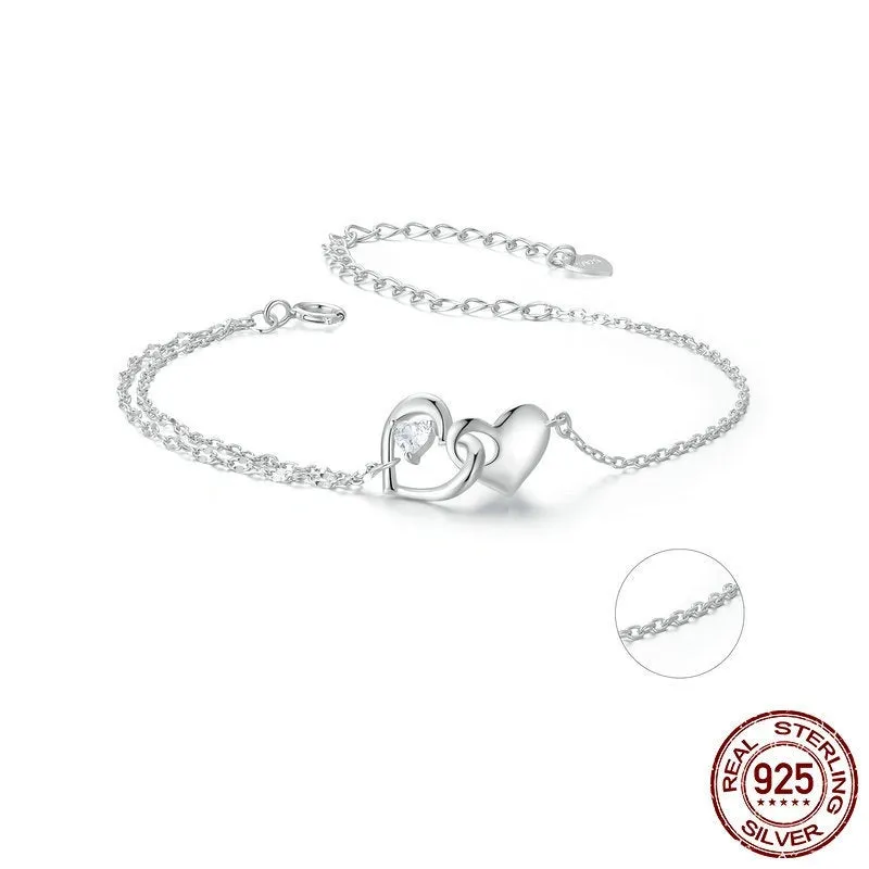 S925 sterling silver double heart bracelet for women in BSB178 colour on white background