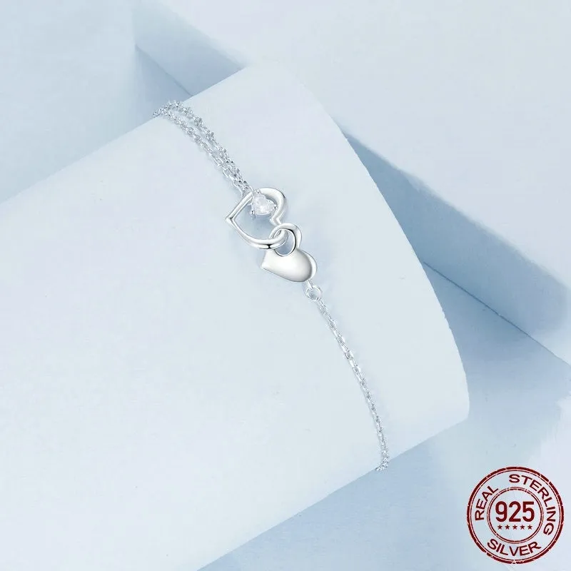 S925 sterling silver double heart bracelet for women in BSB178 colour on white background