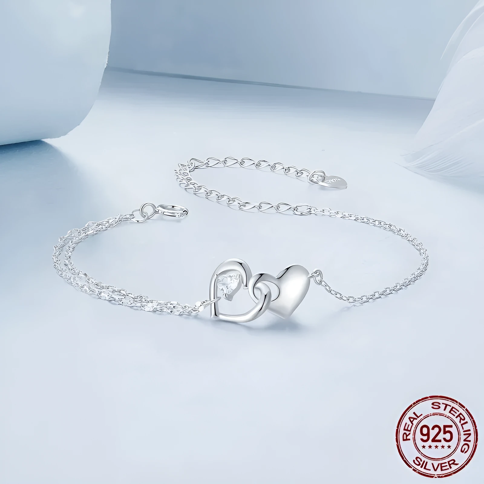 S925 sterling silver double heart bracelet for women in BSB178 colour on white background