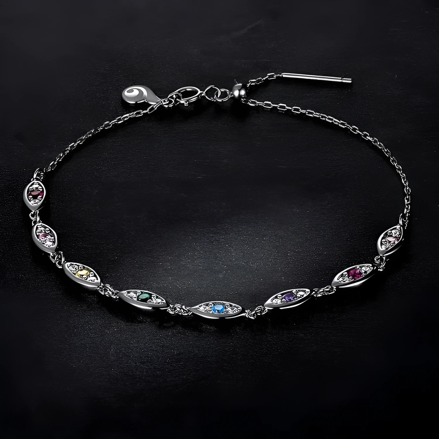 Platinum colourful devil's eye bracelet for women, silver electroplated finish, cold wind style, clasp closure