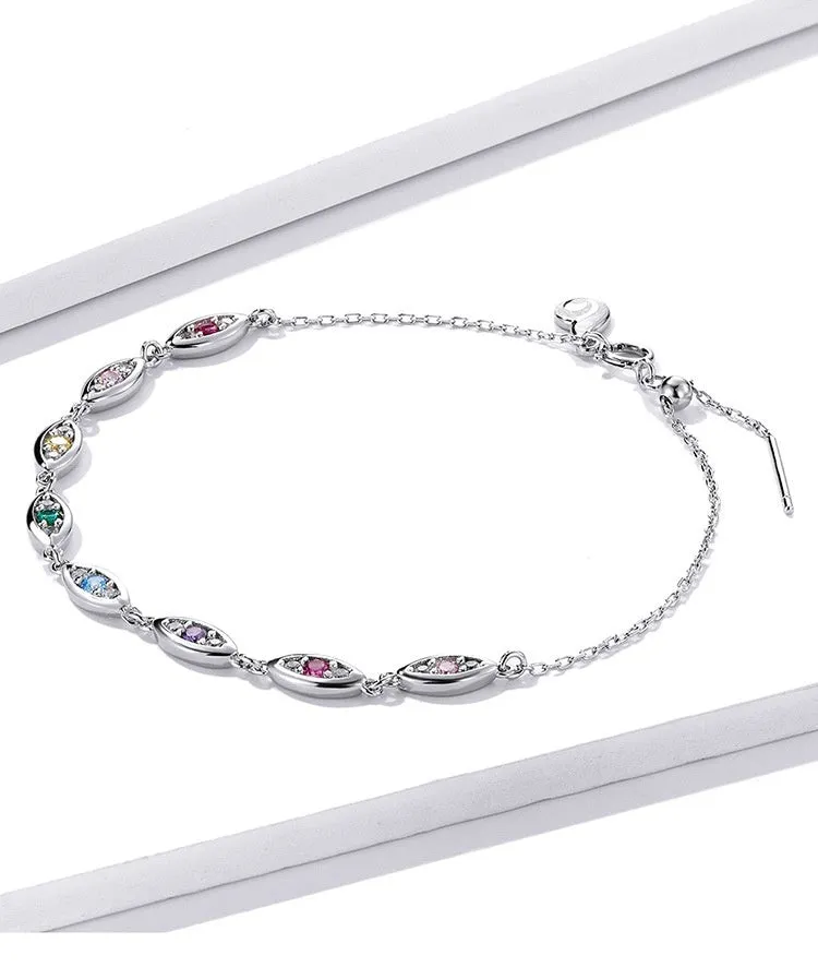 Platinum colourful devil's eye bracelet for women, silver electroplated finish, cold wind style, clasp closure
