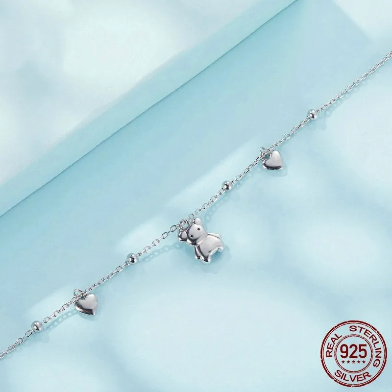 Sterling silver bear bracelet with loving heart design, S925 purity, electroplated finish, SCB264 colour