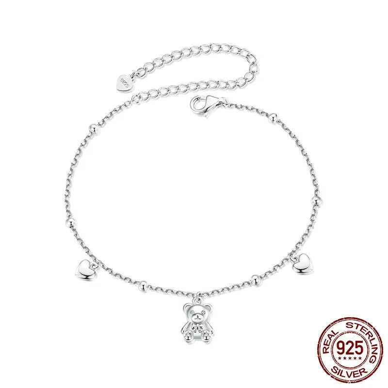 Sterling silver bear bracelet with loving heart design, S925 purity, electroplated finish, SCB264 colour