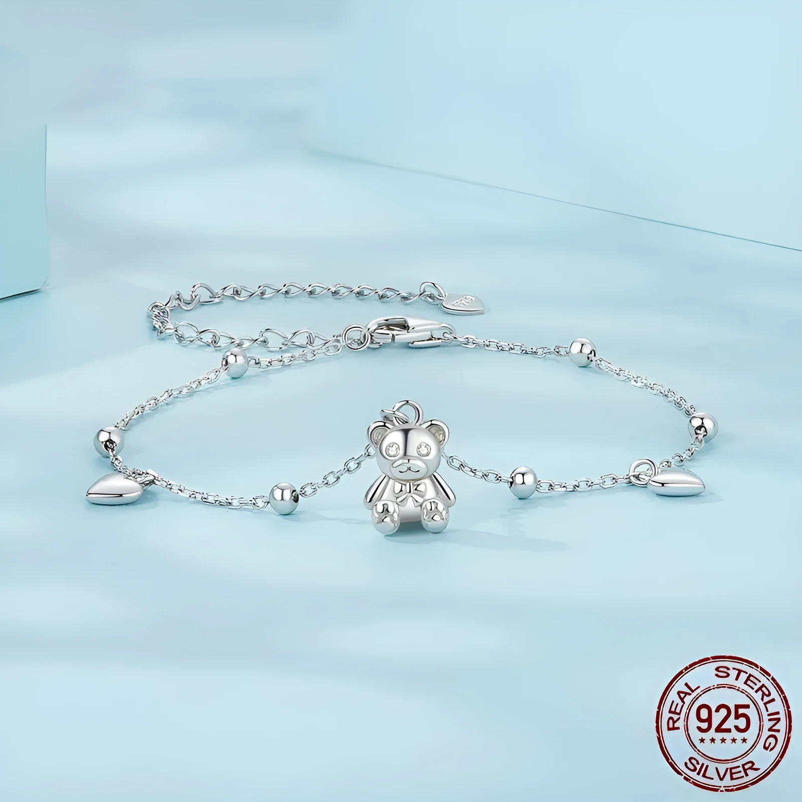 Sterling silver bear bracelet with loving heart design, S925 purity, electroplated finish, SCB264 colour