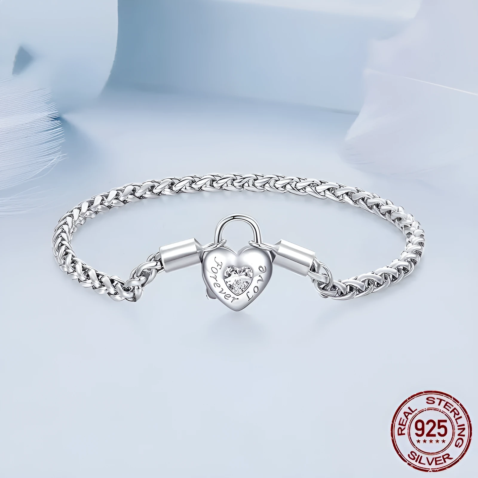 S925 silver heart lock bracelet with 3mm chain and 13x10mm pendant on white background
