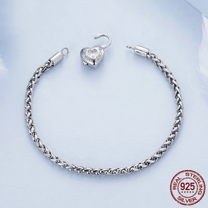 S925 silver heart lock bracelet with 3mm chain and 13x10mm pendant on white background