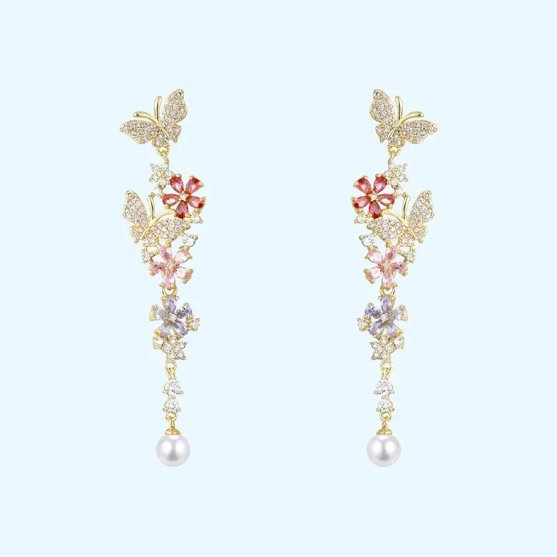 Butterfly flower detachable multicolor zircon pearl earrings with 925 silver needle stud or spiral clip on environmentally friendly brass