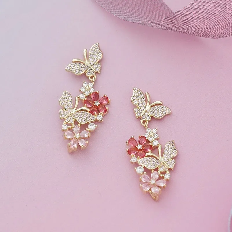 Butterfly flower detachable multicolor zircon pearl earrings with 925 silver needle stud or spiral clip on environmentally friendly brass