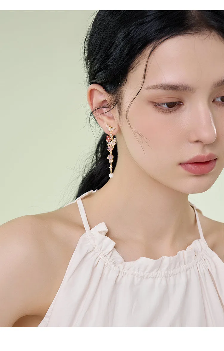 Butterfly flower detachable multicolor zircon pearl earrings with 925 silver needle stud or spiral clip on environmentally friendly brass