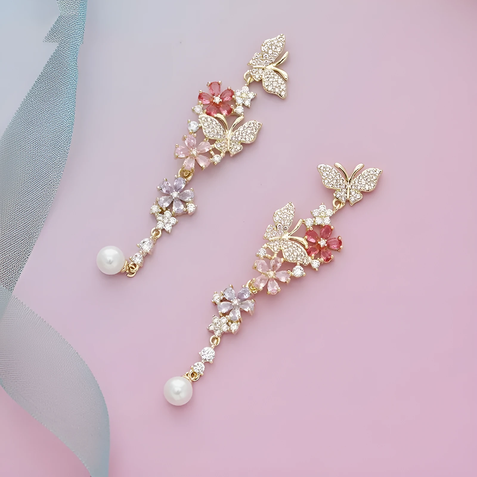 Butterfly flower detachable multicolor zircon pearl earrings with 925 silver needle stud or spiral clip on environmentally friendly brass